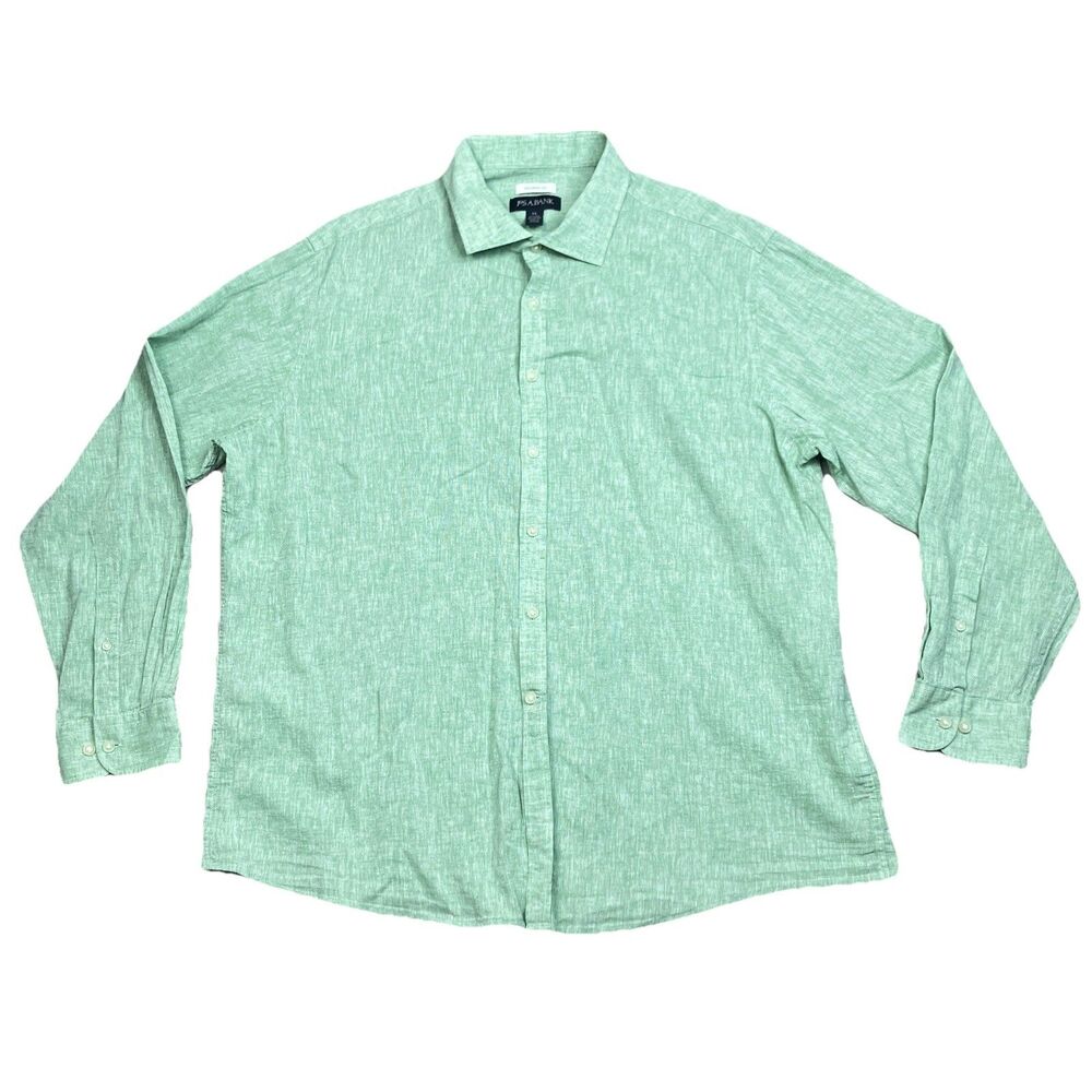 JOS A Bank Shirt Mens XL Green Tailored Fit Button Front Casual Long Linen Blend